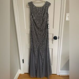 NWT Adrianna Papell Silver Beaded Gown